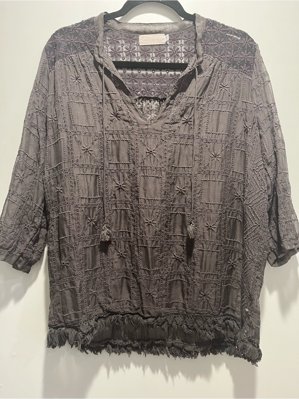 Embroidered Peasant Blouse with Tassel Tie - Gray